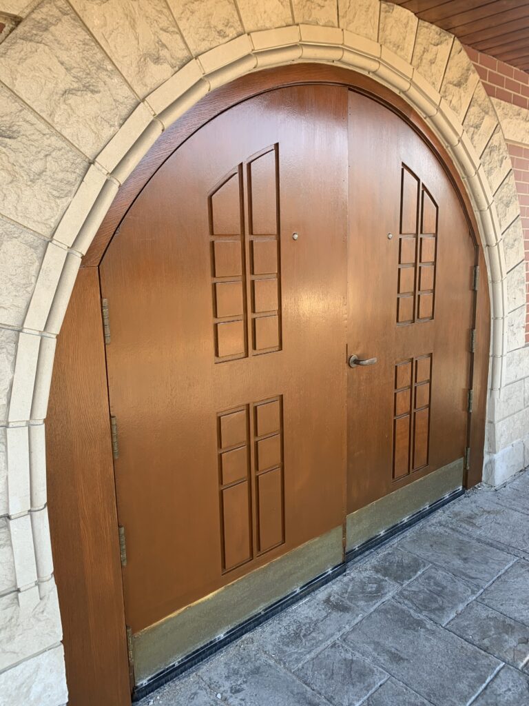 Refinished station entry doors, top view