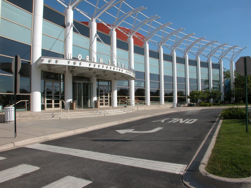 Painted white columns and trellis at the North Shore Center for the Performing Arts
