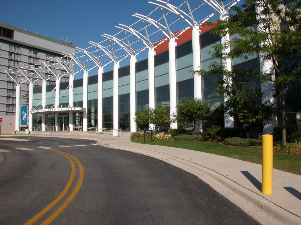 Entrance drive and repainted facade of the North Shore Center for the Performing Arts