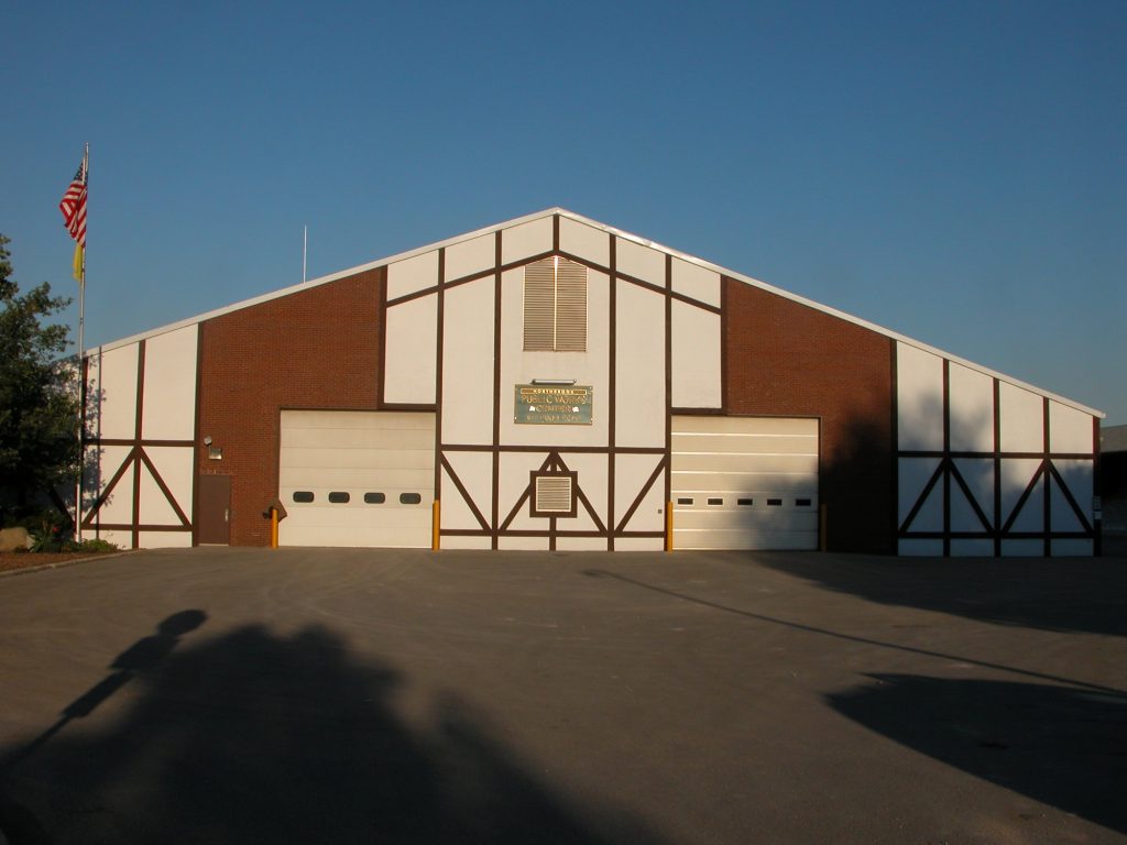 Northbrook Public Works garage with repainted Tudor-style trim and doors