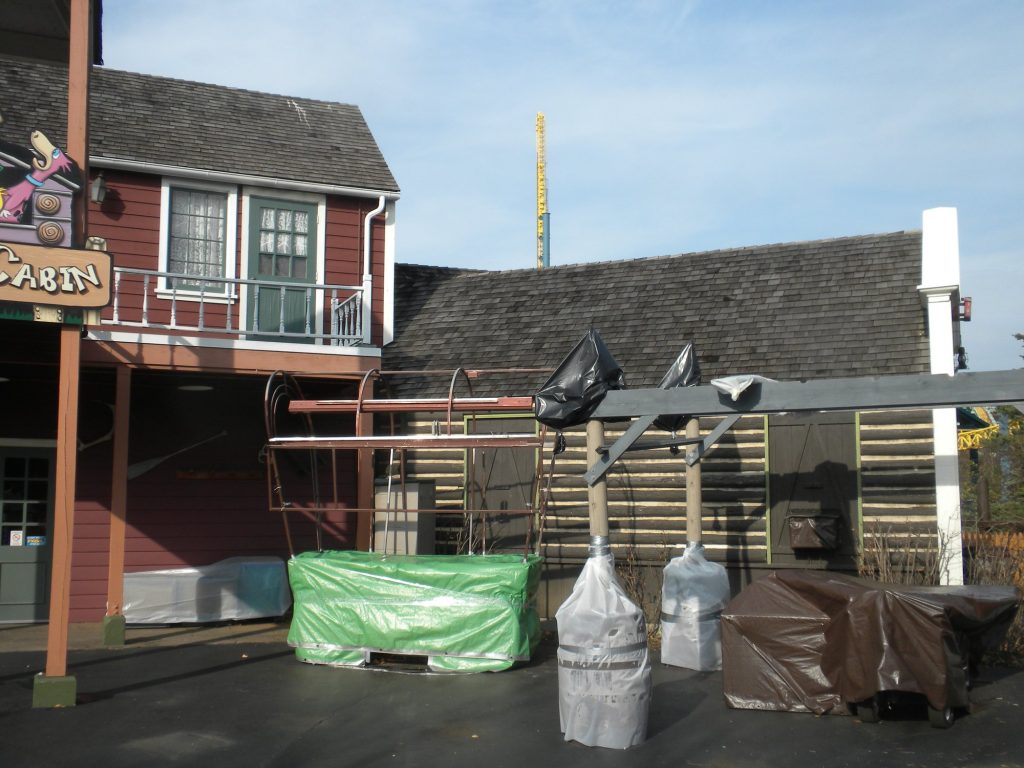 Six Flags Great America frontier building with surfaces masked during painting