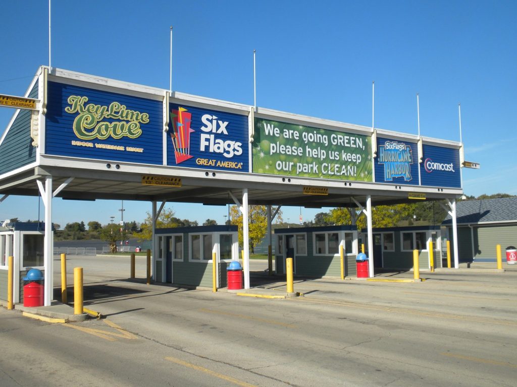 Six Flags Hurricane Harbor ticket plaza canopy and booths painted by Pete the Painter